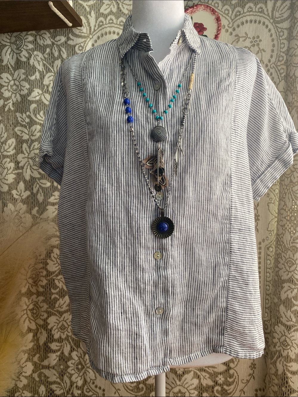 Linen/Coastal/Resort Blue and White Striped Short-Sleeve Button Down Shirt